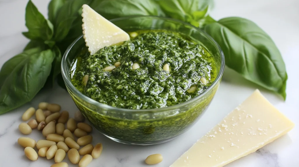 Fresh homemade pesto in a glass bowl with basil, pine nuts, and parmesan on a marble surface