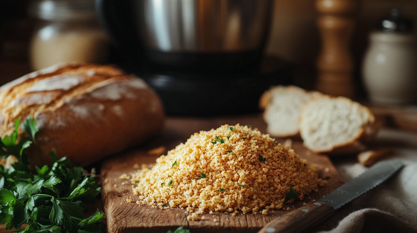 A rustic setup featuring homemade bread and crumbs with a loaf of bread and a food processor in the background.