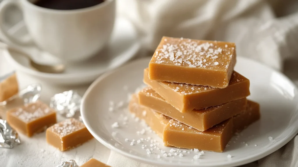 Stack of golden butterscotch candy pieces on a white plate with a sprinkle of sea salt.