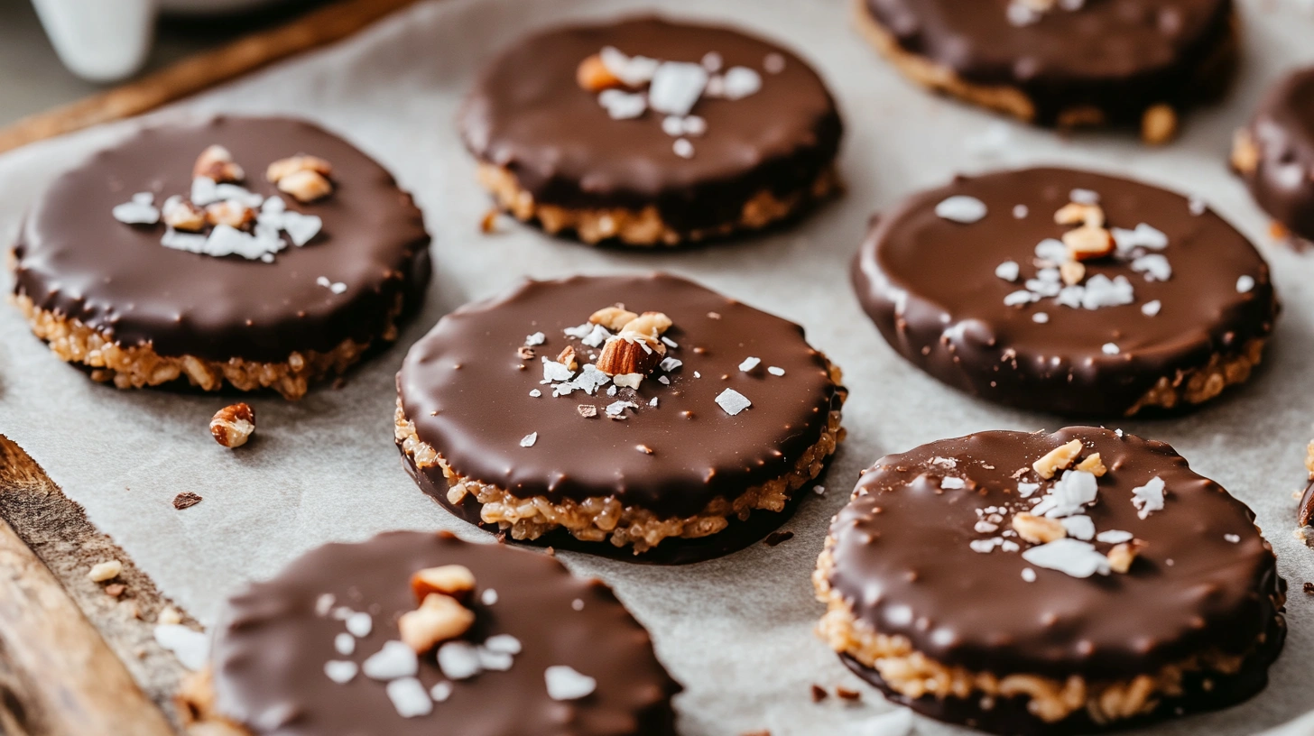 Close-up of chocolate rice cakes with dark chocolate coating, flaky sea salt, and nuts on a wooden tray.