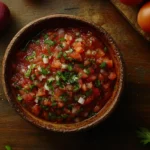 Freshly made salsa de tomate in a bowl surrounded by key ingredients like tomatoes, garlic, and onions.