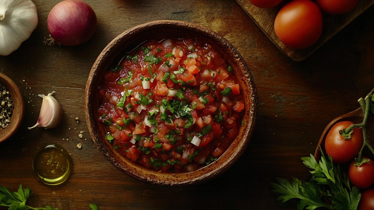 Freshly made salsa de tomate in a bowl surrounded by key ingredients like tomatoes, garlic, and onions.