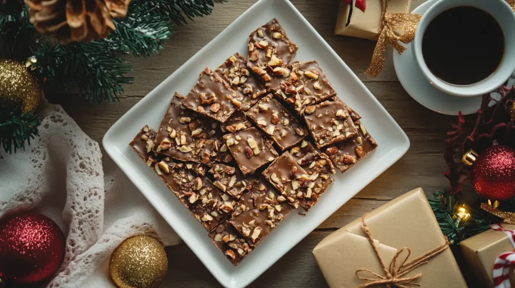 Pieces of chocolate-topped homemade toffee recipe on a serving platter, styled with holiday decorations and a cup of coffee.