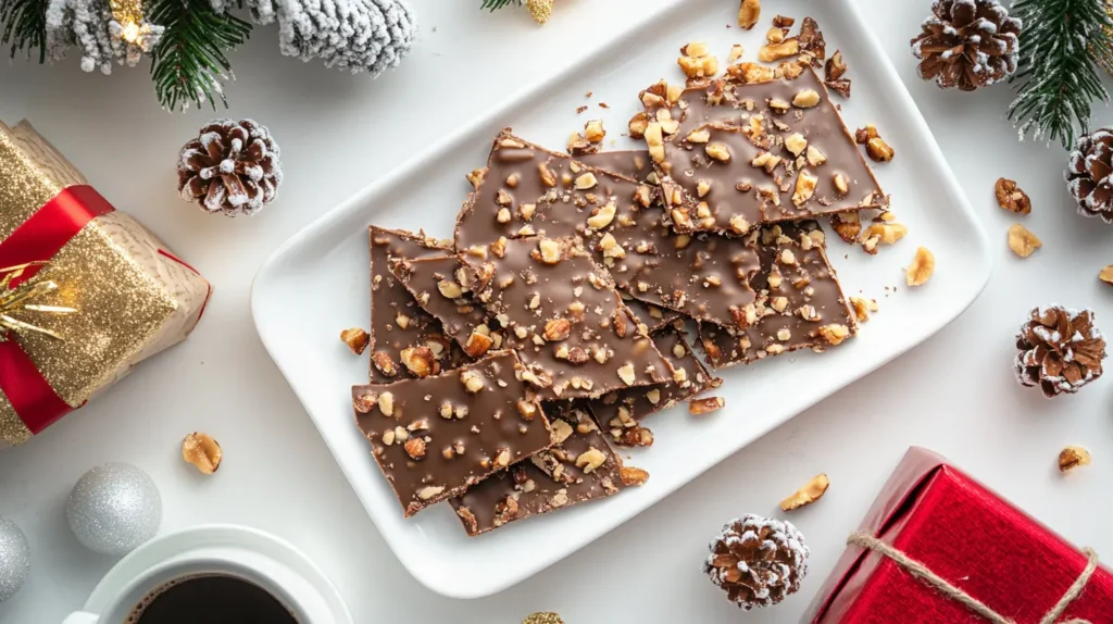 Pieces of chocolate-topped toffee on a serving platter