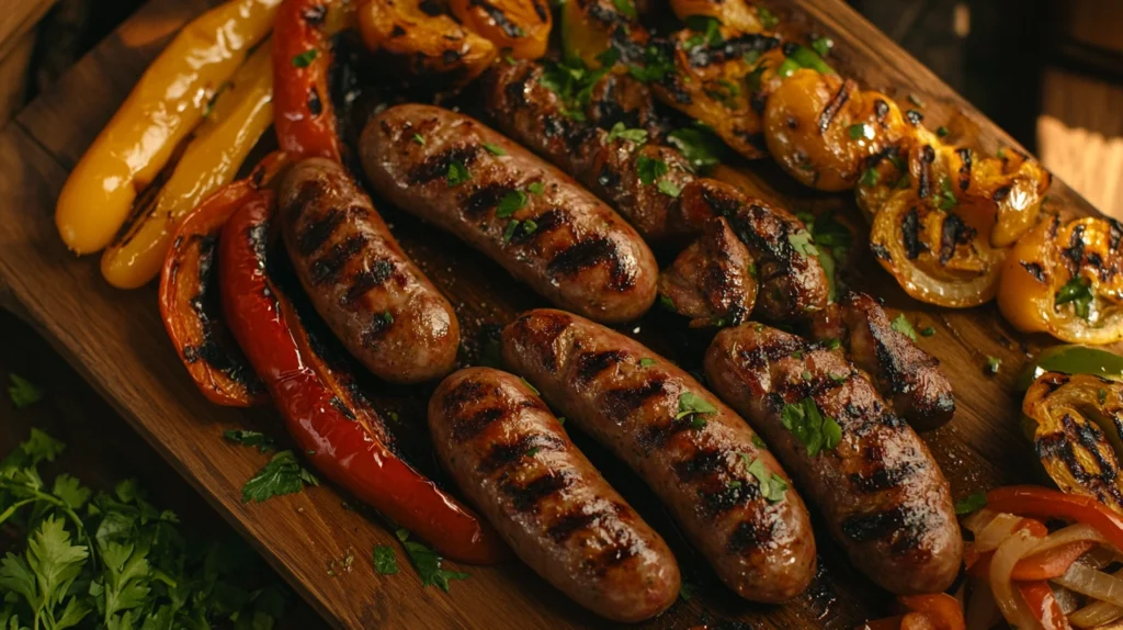 Close-up of hot sausages with a golden-brown sear, served with grilled peppers and onions on a rustic wooden board.