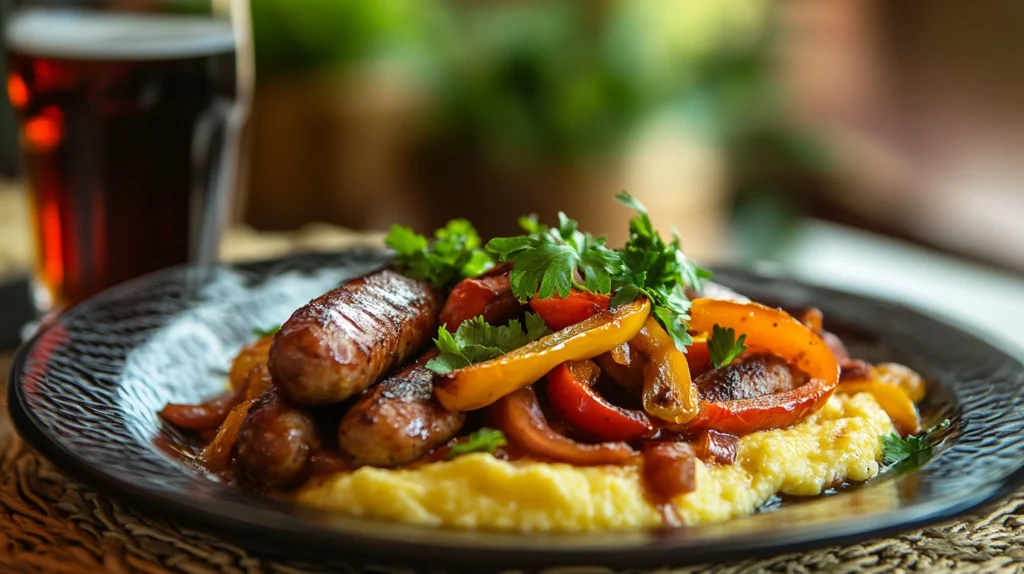 Hot sausage served with creamy polenta, roasted peppers, and onions, garnished with parsley on a rustic plate.