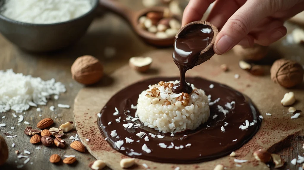 Close-up of a hand dipping a rice cake into melted dark chocolate with scattered toppings nearby