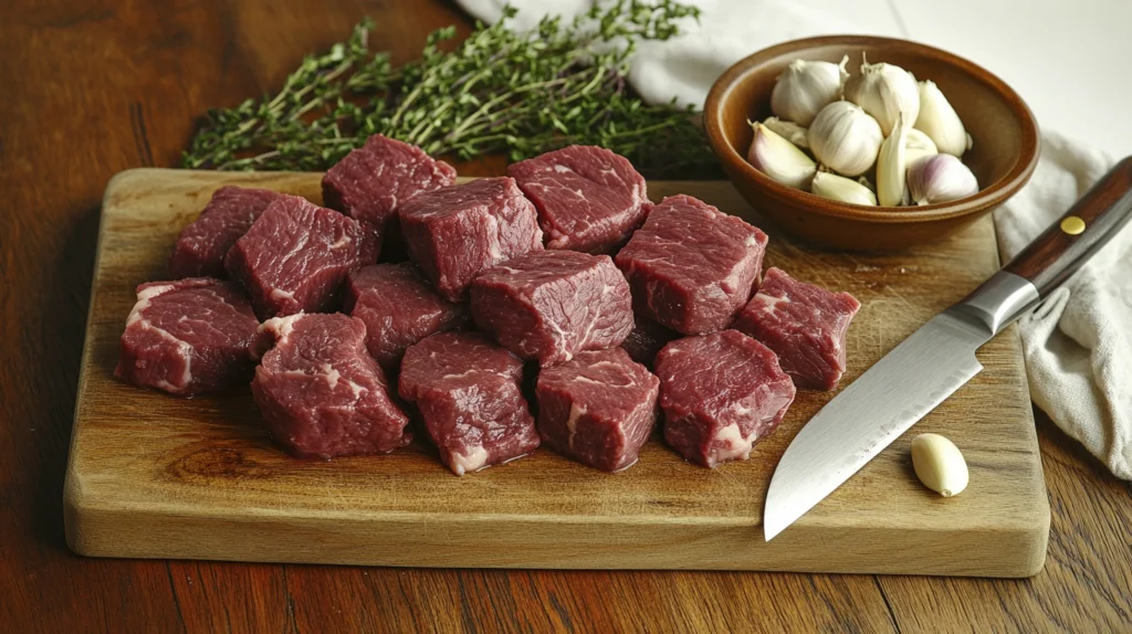 Raw beef cheeks being trimmed on a wooden cutting board with a sharp knife and fresh herbs nearby.