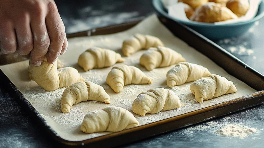 Baker shaping Swiss Gipfeli by rolling dough triangles into crescent shapes.