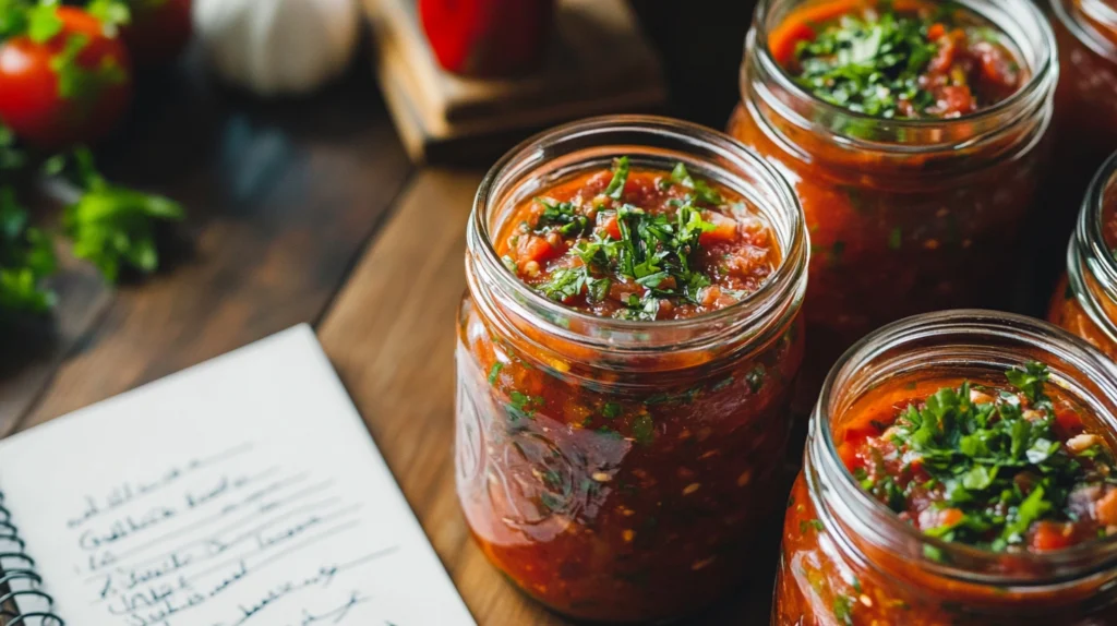 Homemade salsa de tomate stored in labeled glass jars, ready for refrigeration or freezing.