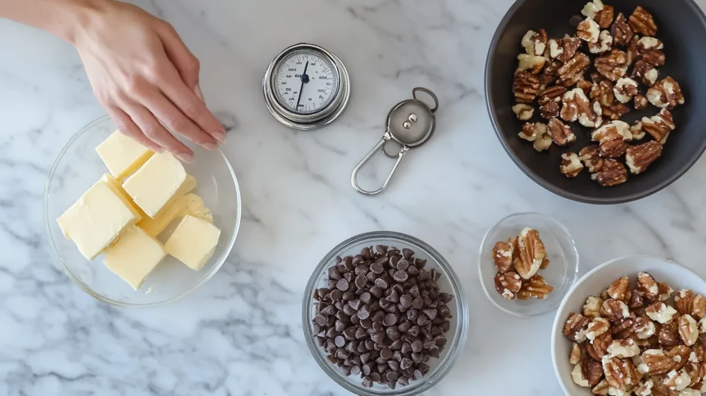 Ingredients for homemade toffee, including butter, brown sugar, vanilla extract, chocolate chips, and chopped nuts.