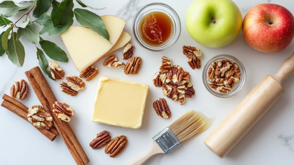 Flat lay of fresh ingredients for apple and pecan Danish pastry tart, including apples, pecans, and puff pastry sheets.