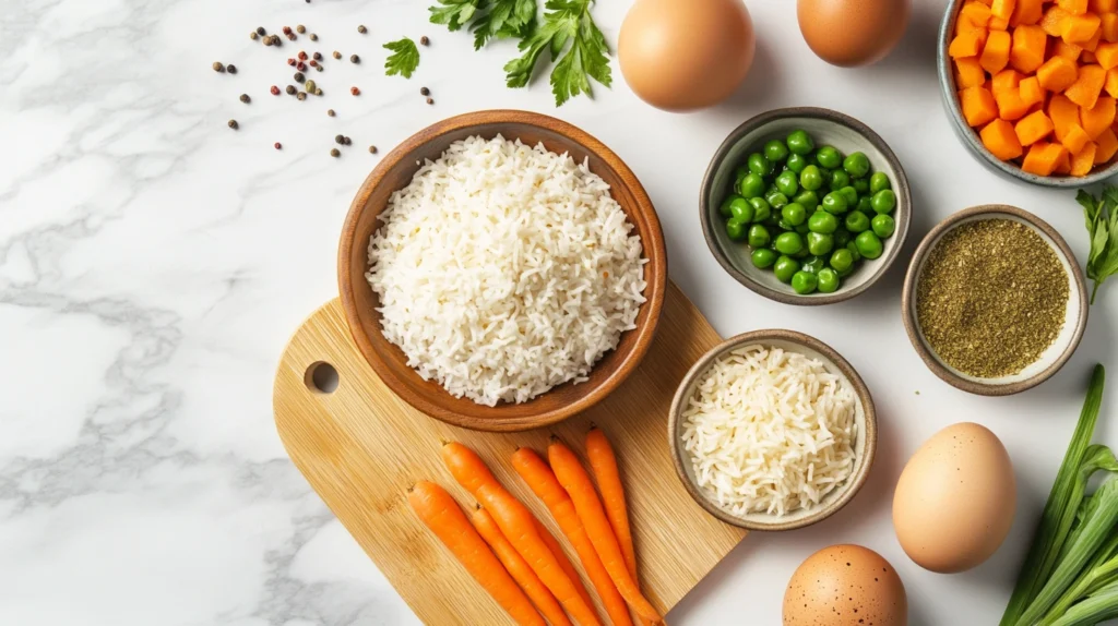 Ingredients for Anjappar egg fried rice, including basmati rice, eggs, curry leaves, spices, and fresh vegetables, laid out neatly.