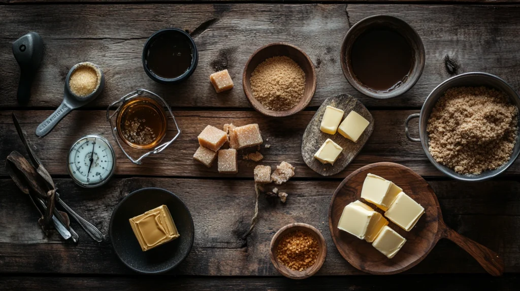 Ingredients for butterscotch candy on a wooden surface, including brown sugar, butter, and molasses.