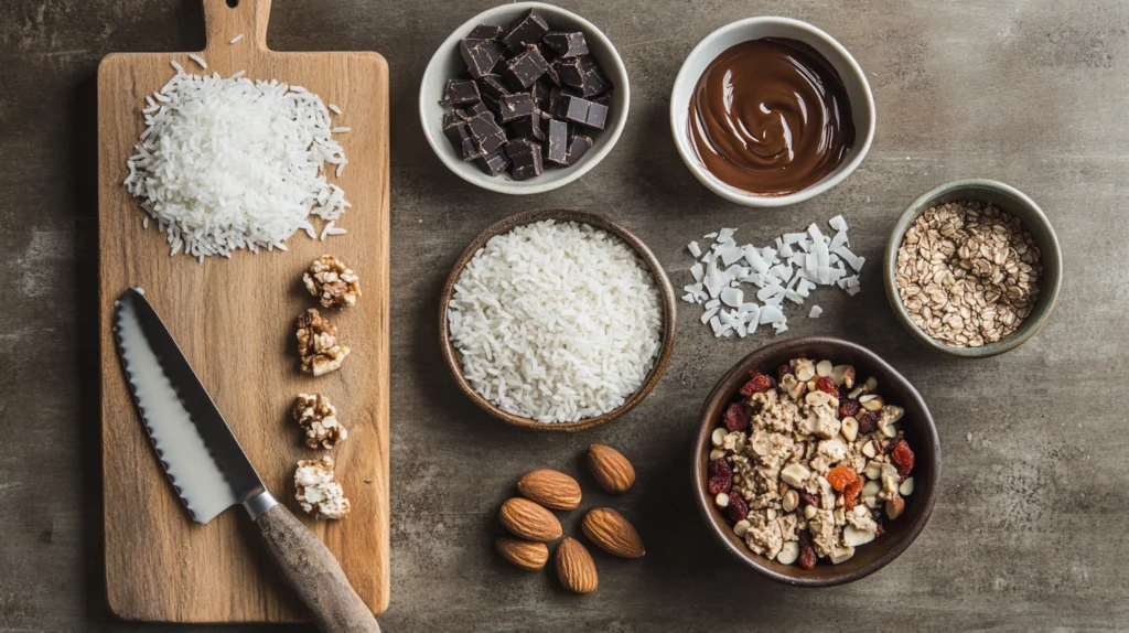 Ingredients for making chocolate rice cakes: rice cakes, dark chocolate, peanut butter, and assorted toppings.