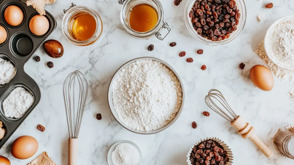 Ingredients for GAPS raisin muffins, including almond flour, coconut oil, eggs, honey, and raisins, arranged neatly on a marble surface.