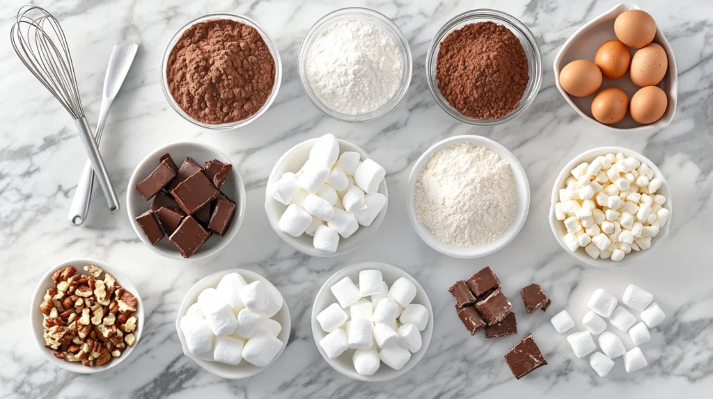 Flat lay of ingredients for heavenly hash brownies, including marshmallows, nuts, cocoa powder, and eggs on a marble surface