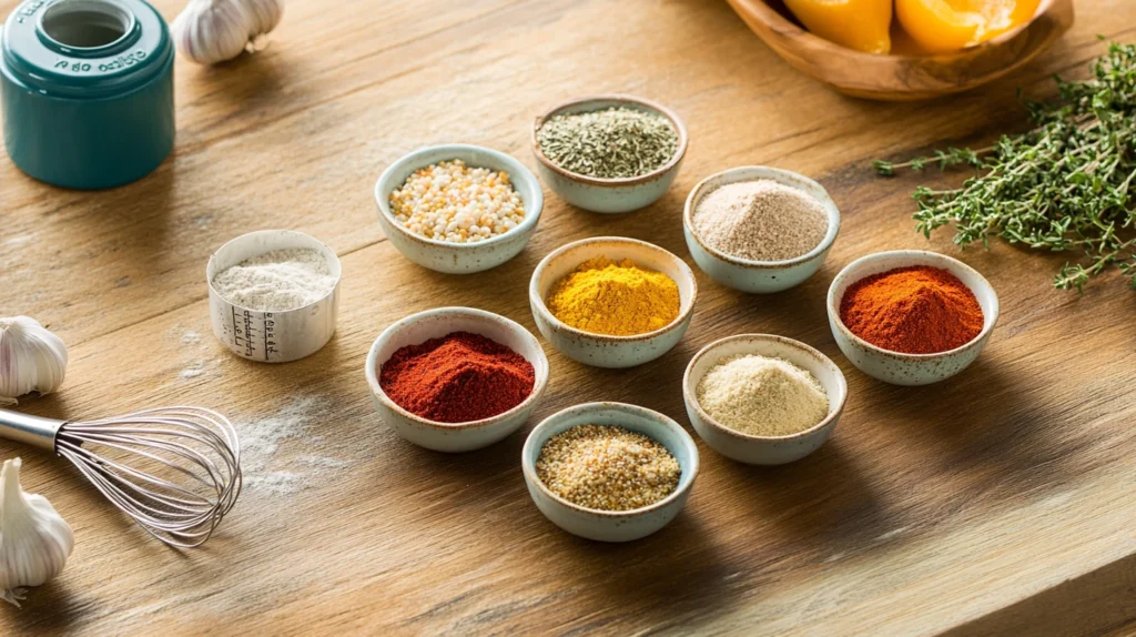 Close-up of bowls containing paprika, garlic powder, onion powder, cayenne pepper, and cornmeal for a Southern fish fry