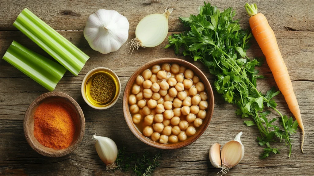 Flat lay of ingredients for Joan Nathan’s chickpea soup: chickpeas, vegetables, fresh herbs, and Mediterranean spices.