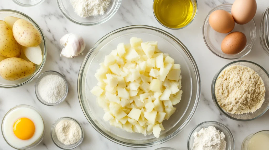 Overhead shot of prepped ingredients for Passover Potato Pie, including potatoes, garlic, onions, eggs, and matzo meal.