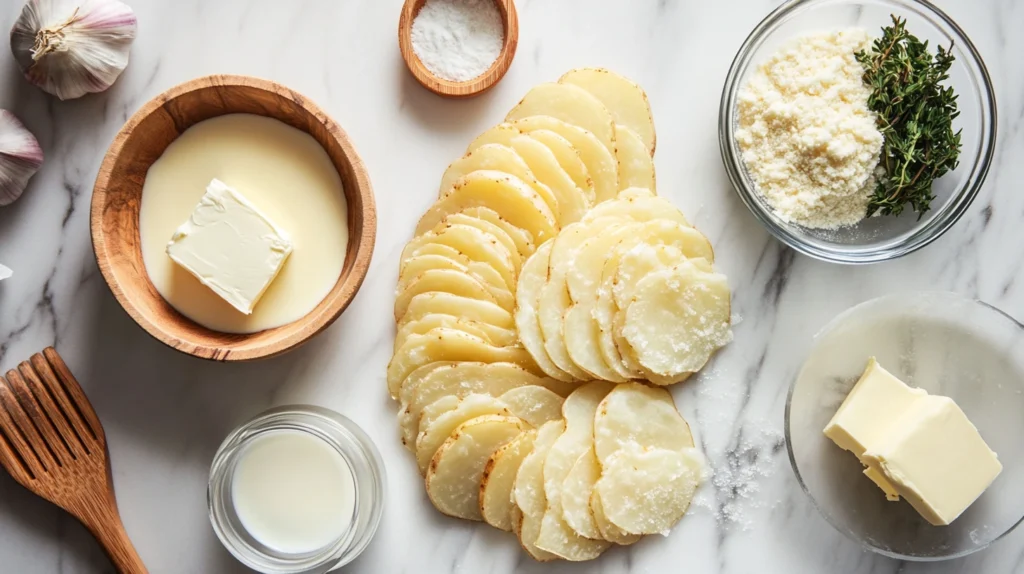 Fresh ingredients for Scalloped potatoes recipe with cheese powder on a marble countertop