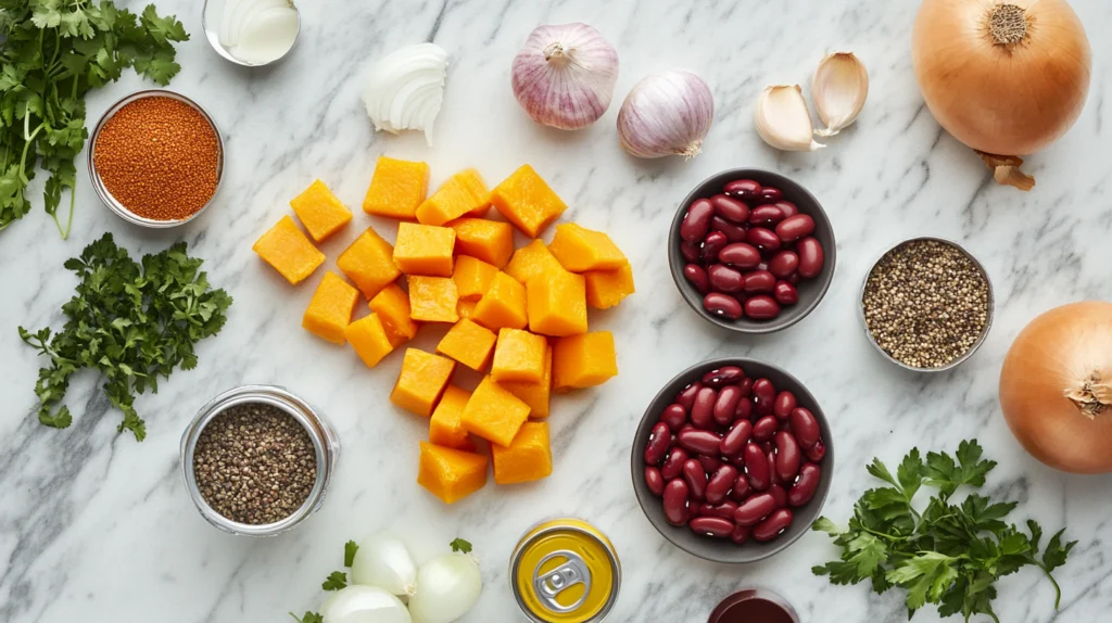 Ingredients for squash and kidney bean chili: cubed butternut squash, kidney beans, tomatoes, onions, garlic, and spices.