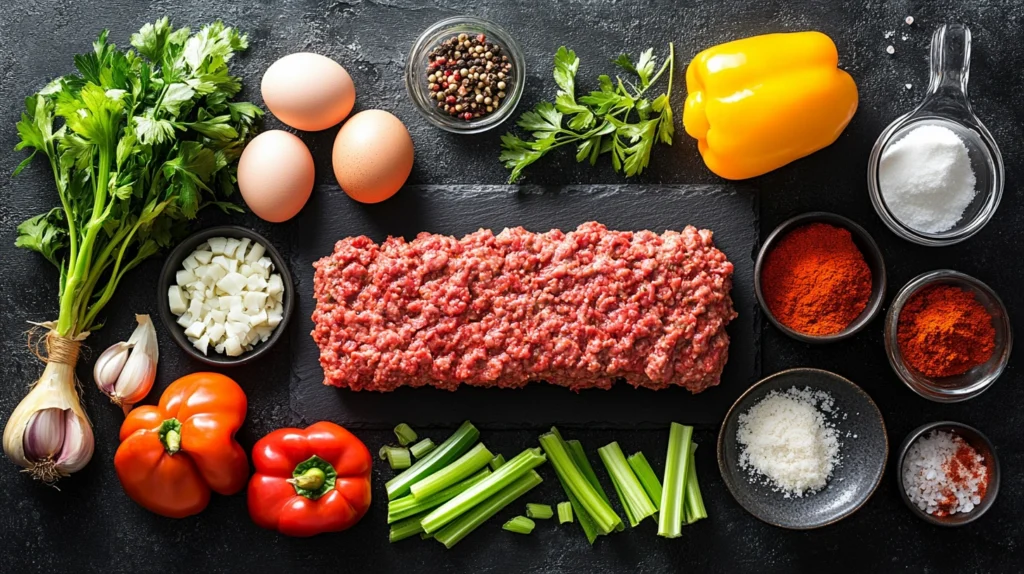 Ingredients for Meatloaf Recipe Creole , including ground beef, vegetables, and seasonings, arranged on a dark slate background.