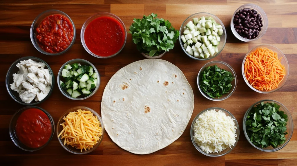 Flat-lay of fresh ingredients for Boulders enchilada recipe including tortillas, cheese, sauces, and fillings