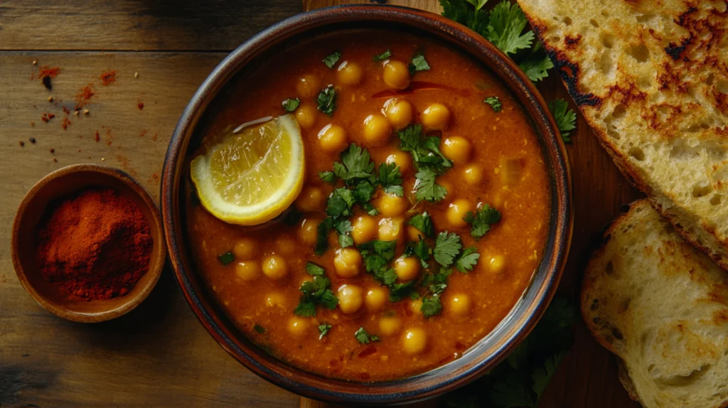 Close-up of Joan Nathan's chickpea soup, garnished with fresh parsley and served with lemon wedges and crusty bread.