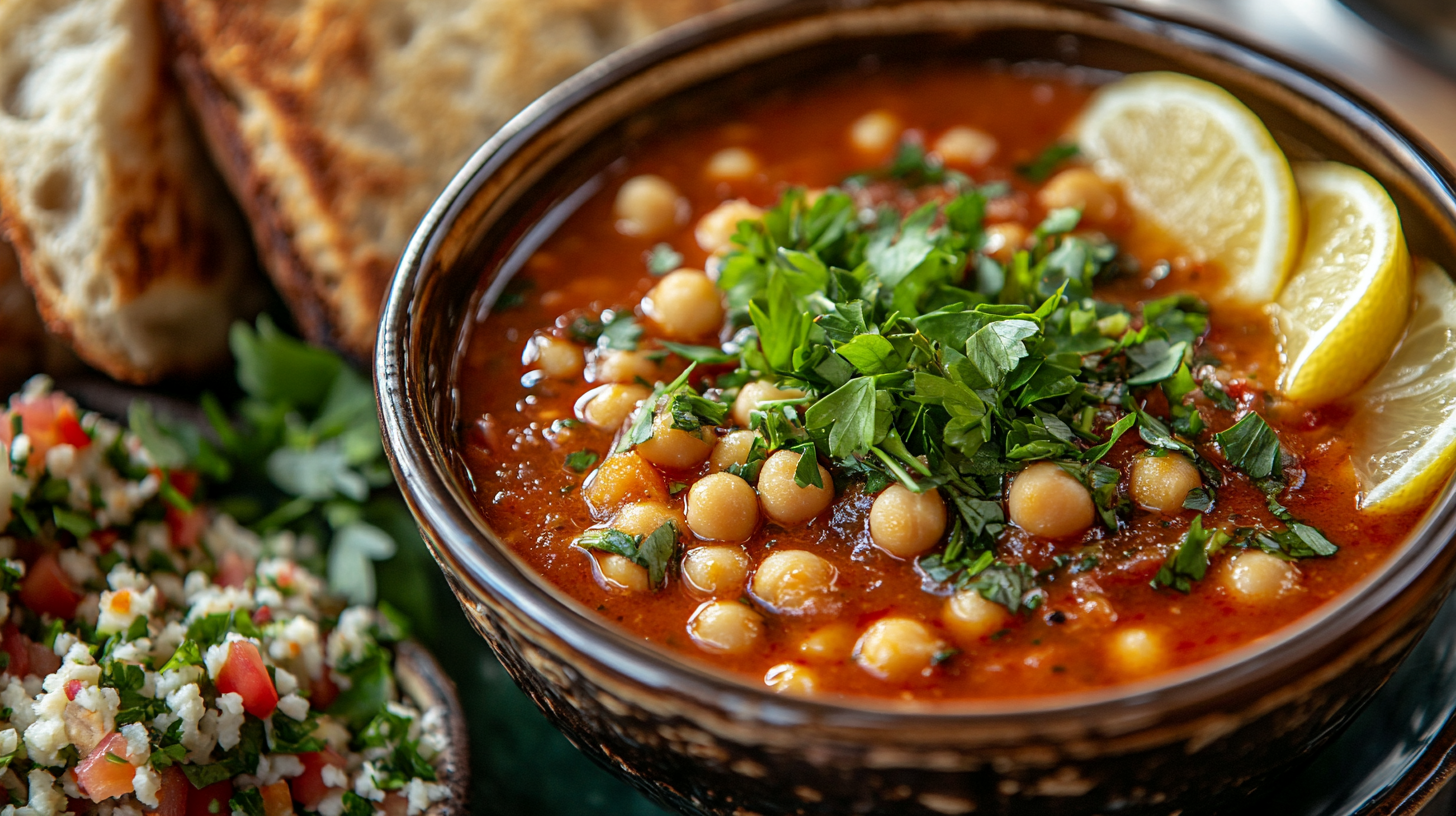 A beautifully plated bowl of Joan Nathan’s chickpea soup, served with parsley, lemon wedges, and crusty bread.