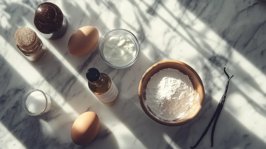  Ingredients for kefir sheet cake neatly arranged on a marble countertop