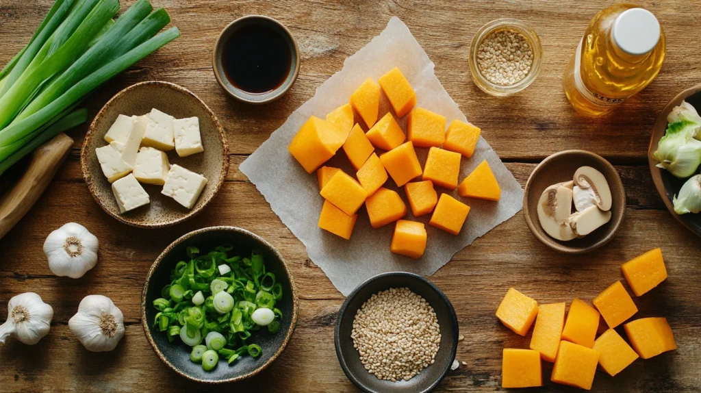 Essential ingredients for kabocha squash recipes: kabocha cubes, soy sauce, ginger, garlic, sesame oil, tofu, mushrooms, and scallions