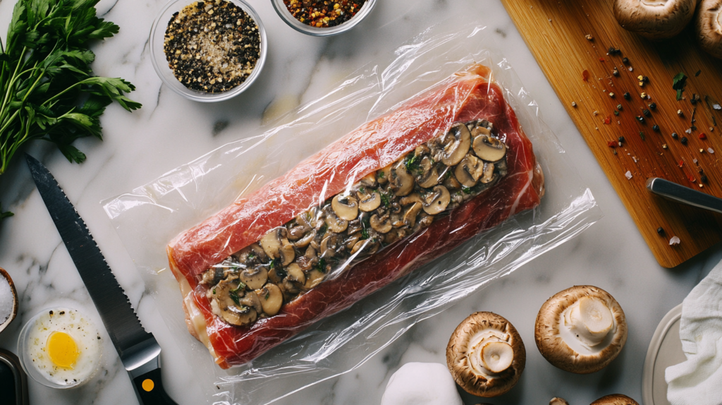 Beef Wellington being assembled with layers of crepes, prosciutto, mushroom duxelles, and tenderloin on plastic wrap.