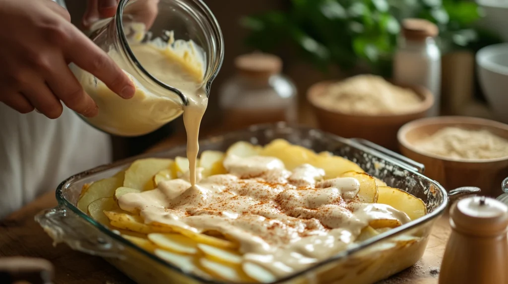 Layering thinly sliced potatoes and pouring creamy cheese sauce into a baking dish.