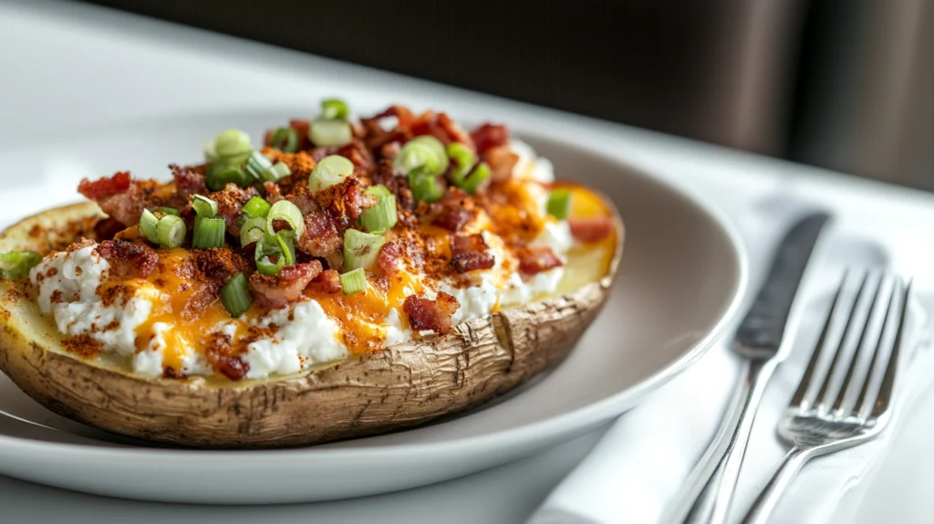 Fully garnished potato skins with cottage cheese, melted cheddar, green onions, and paprika on a white plate.