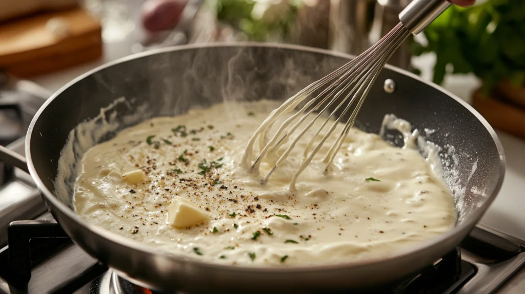 Whisking creamy Alfredo sauce with butter and Parmesan, creating a smooth and rich base for steak Alfredo