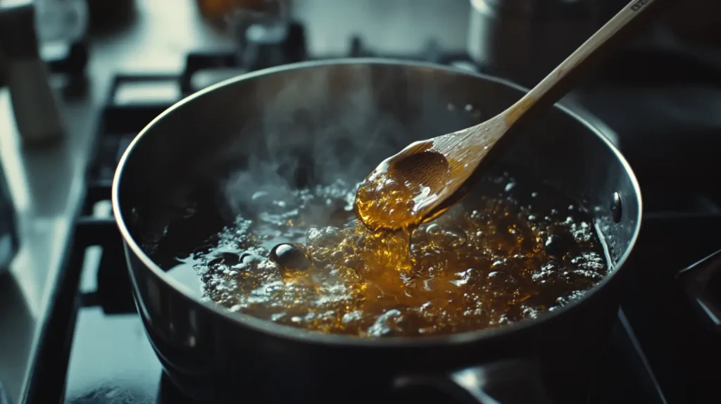 Butter and sugar bubbling in a saucepan during the toffee-making process with a candy thermometer.