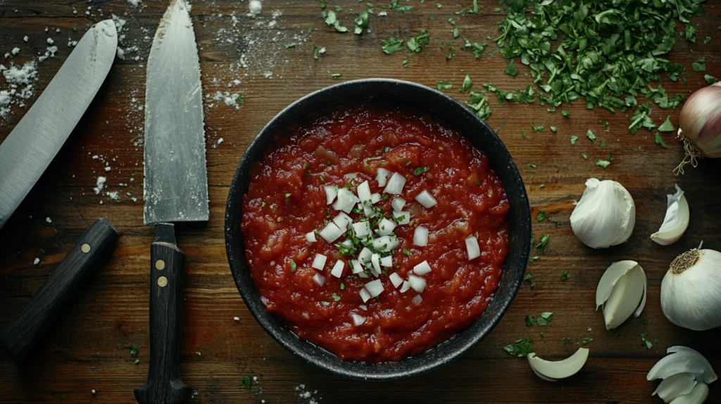 Bowl of Mark’s sweet pizza sauce surrounded by fresh ingredients like garlic, onion, and oregano.