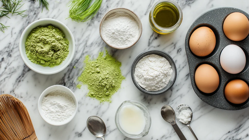 Overhead view of matcha muffin ingredients, including almond flour, matcha powder, eggs, and coconut oil on a marble countertop