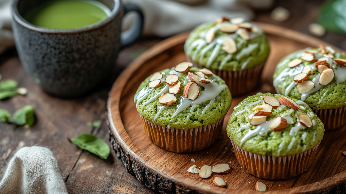 Close-up of Matcha Muffin Recipe with Almond Flour, served with a steaming cup of matcha tea.