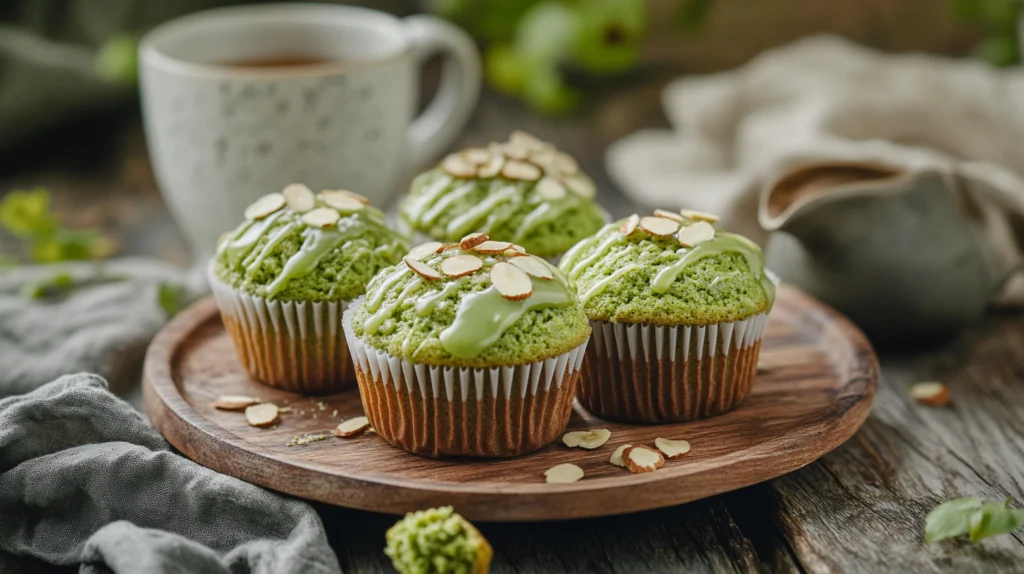 Close-up of matcha muffins topped with matcha glaze and sliced almonds, served with a steaming cup of matcha tea.