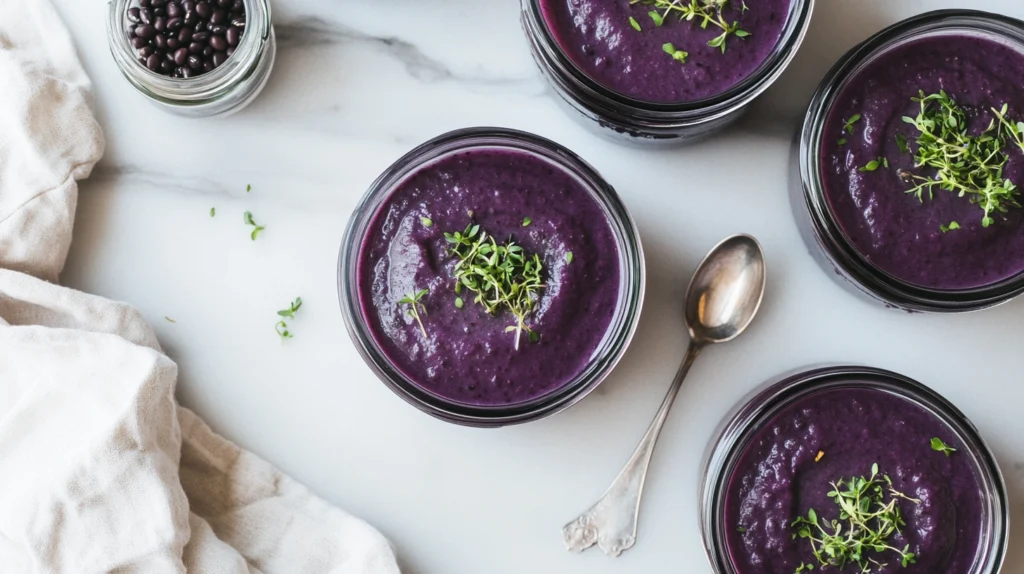 Meal prep containers filled with purple black bean soup, labeled with dates, placed on a white marble counter.