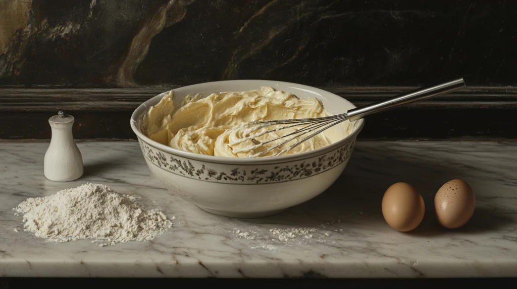 Creamy Madeleine batter in a mixing bowl with whisk, surrounded by baking ingredients on a marble countertop.