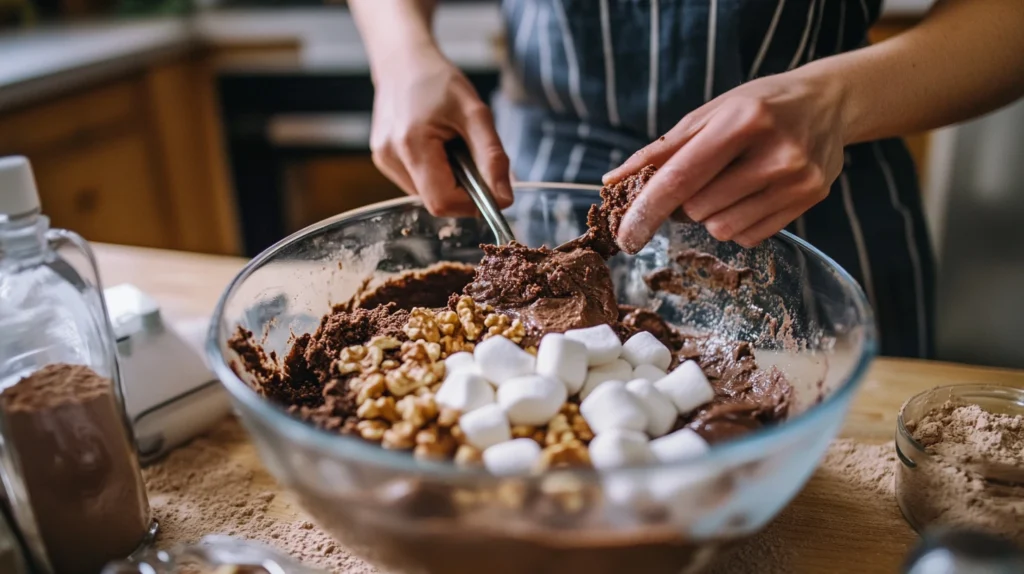 Baker’s hands mixing marshmallows and nuts into brownie batter in a glass bowl with baking tools nearby.