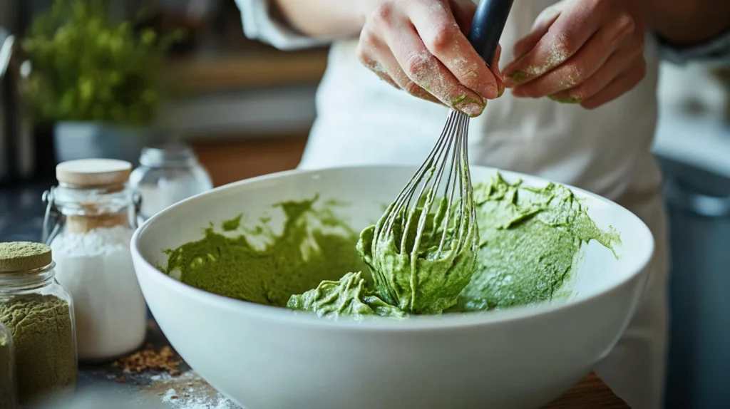 Close-up of vibrant green matcha muffin batter being whisked in a white ceramic bowl with ingredients in the background.