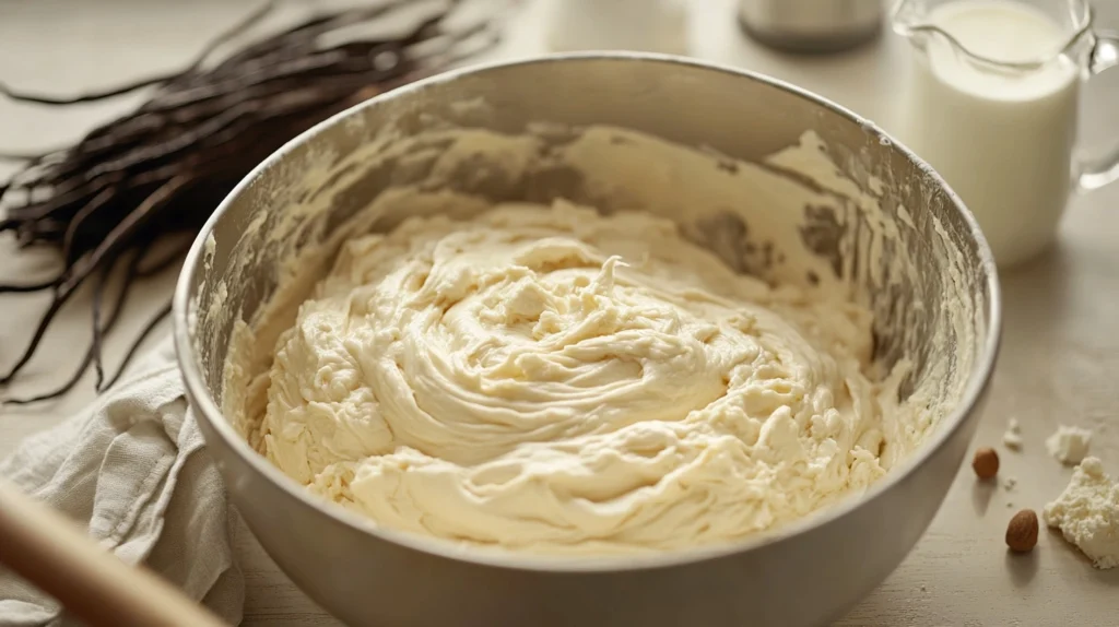 A close-up of creamy cake batter being whisked in a mixing bowl, ready for baking a Caribbean festival rum cake recipe