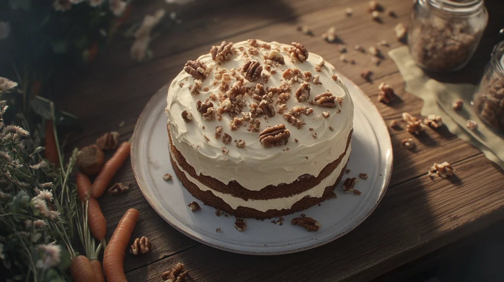 Moist carrot cake with cream cheese frosting garnished with nuts, displayed on a white plate surrounded by fresh carrots.