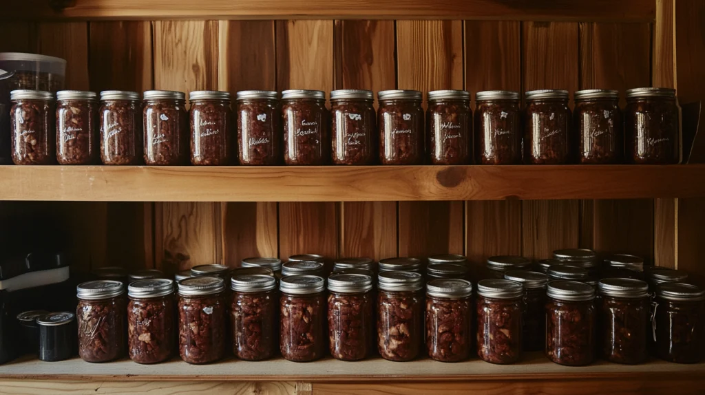 Organized pantry shelf stocked with jars of canned deer meat labeled with dates.