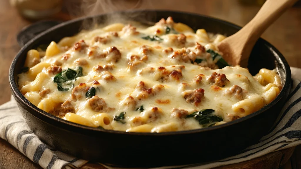 One-skillet cheesy ground chicken pasta with melted cheese and spinach in a rustic skillet, perfect for weeknight dinners.