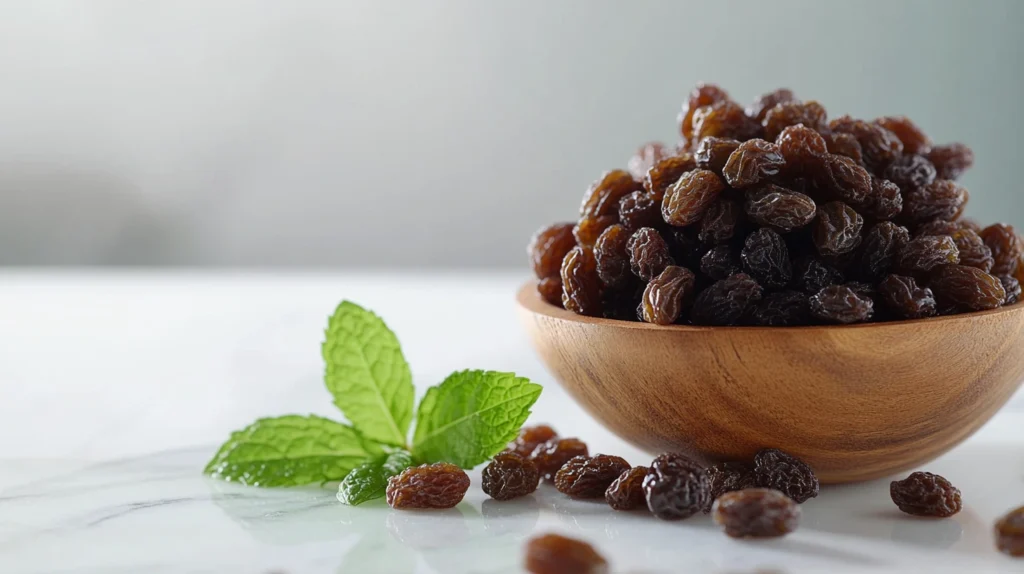 Close-up of organic raisins spilling from a wooden bowl onto a marble countertop.